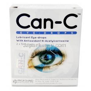 Can-C 点眼薬,　グリセリン 1% w/v / カルボキシメチルセルロース  0.3% w/v, 2本 x 5ml バイアル,製造元： Profound Products, 箱表面